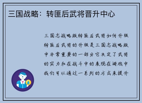 三国战略：转匪后武将晋升中心